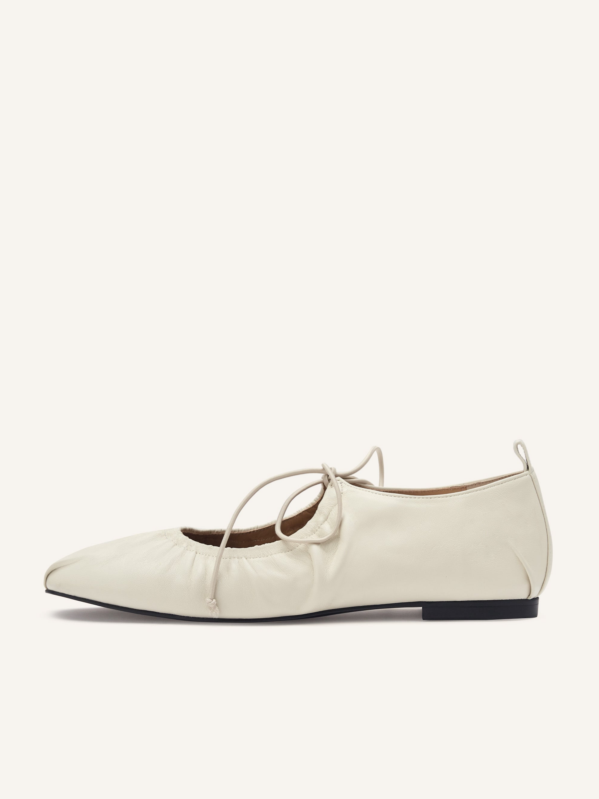 Cream Tied Bow Shirring Round Toe Ballet Flats