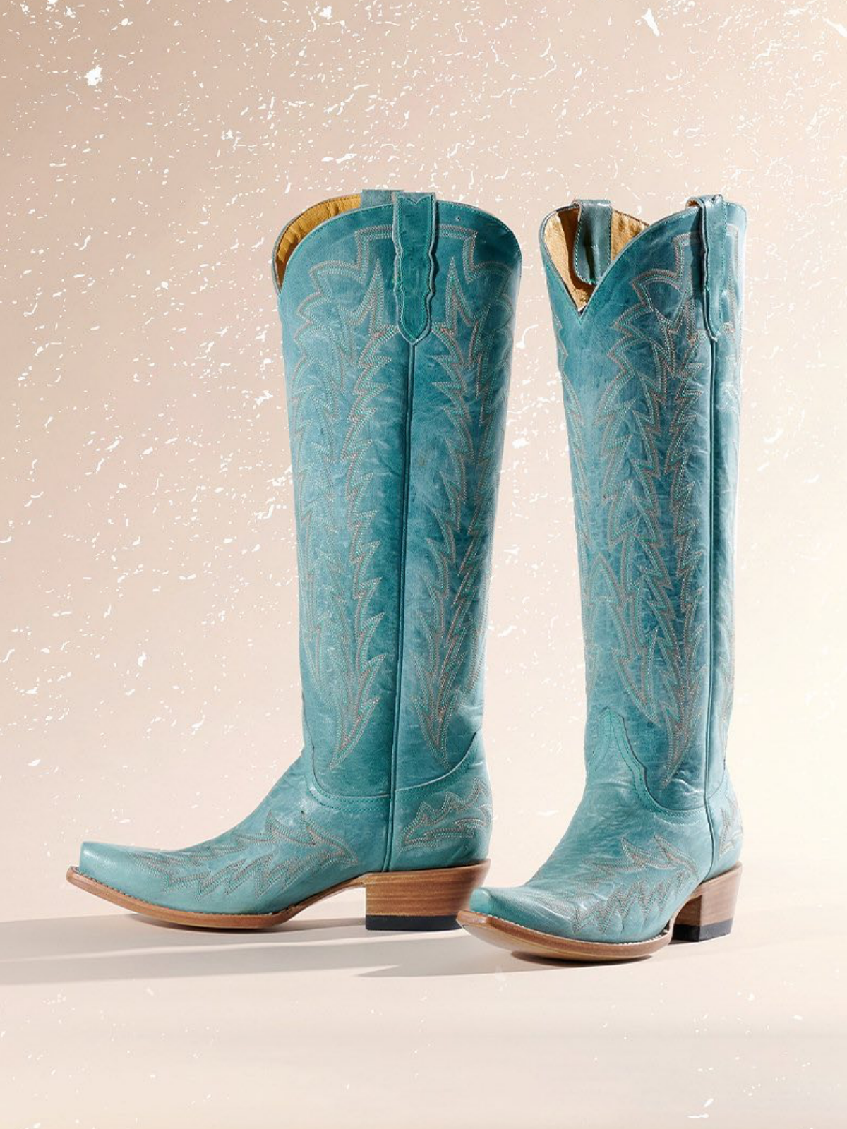 Distressed Turquoise Leaf Embroidery Wide Calf Knee High Tall Boots