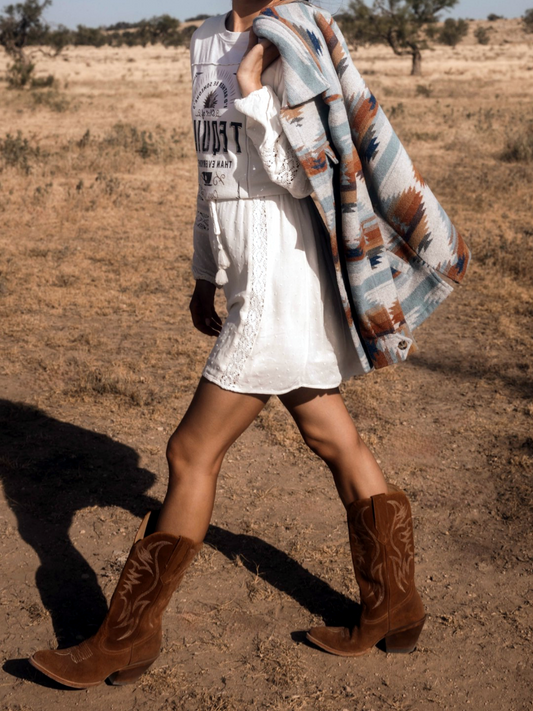 Faux Suede Wings Embroidery Pointed-Toe Wide Mid Calf Tall Cowgirl Boots - Brown