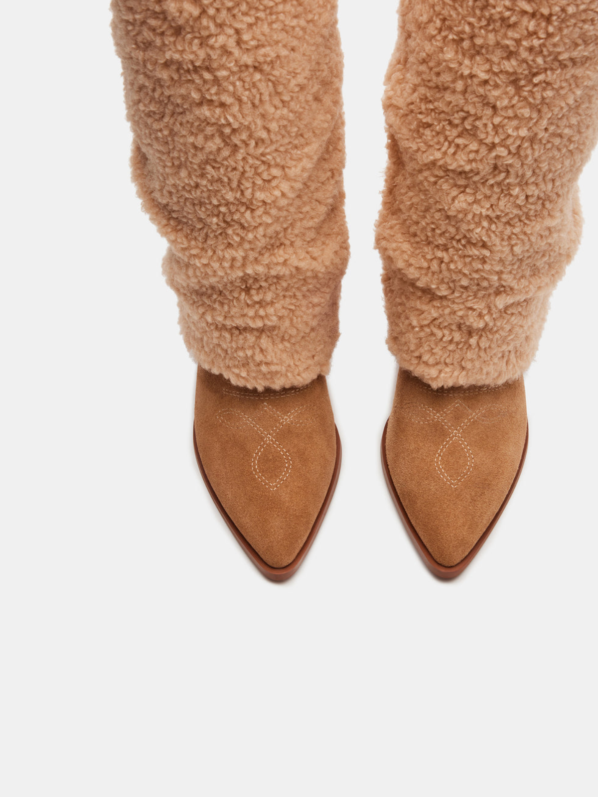 Tan Contrast Faux Suede And Fluffy Fold-Over Wide Mid Calf Tall Cowgirl Boots