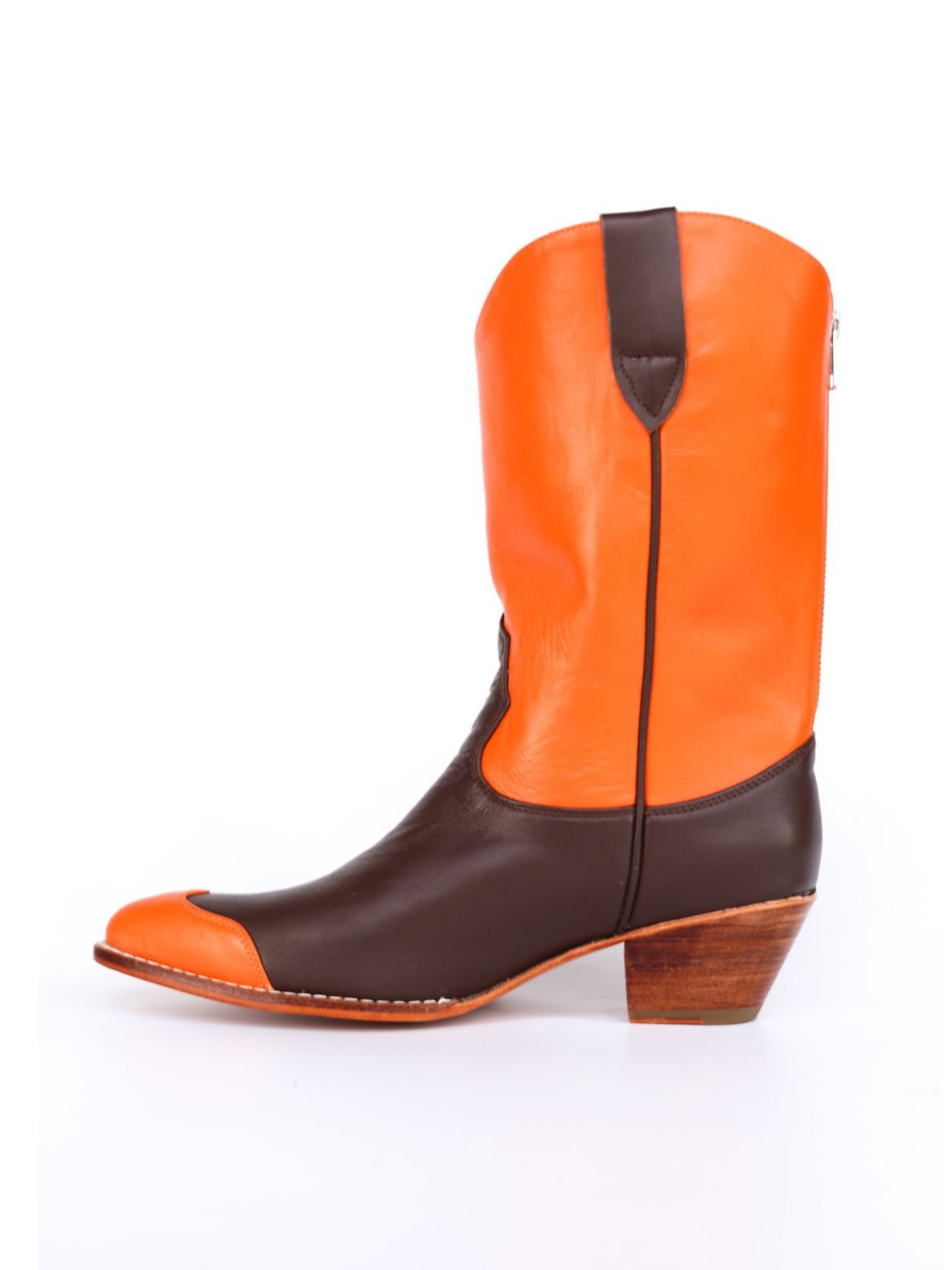 Contrast Orange And Brown Back-Zip Mid Calf Cowgirl Boots