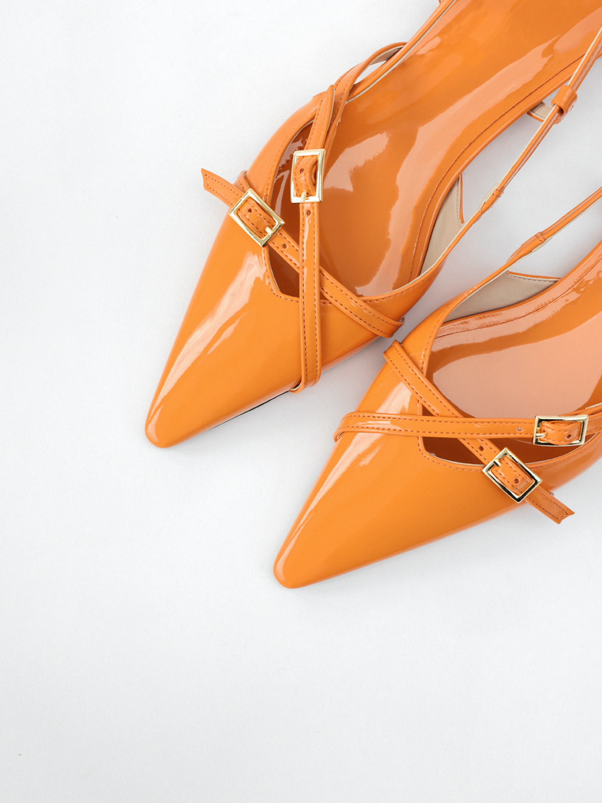 Orange Patent Buckle Detailed Pointy-Toe Ballet Flats Slingbacks