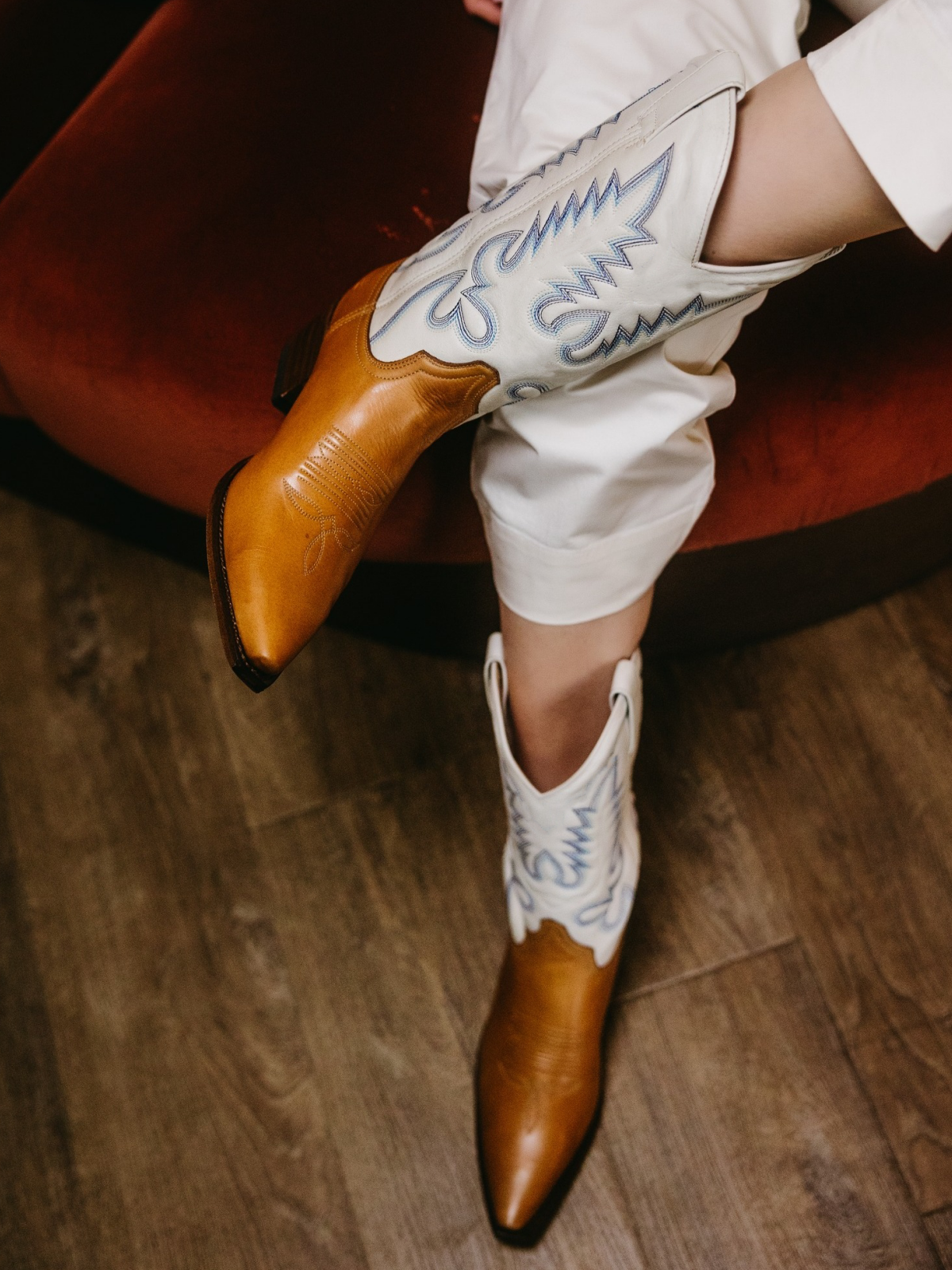 Contrast Brown And Ivory Embroidery Snip-Toe Wide Mid Calf Cowgirl Boots