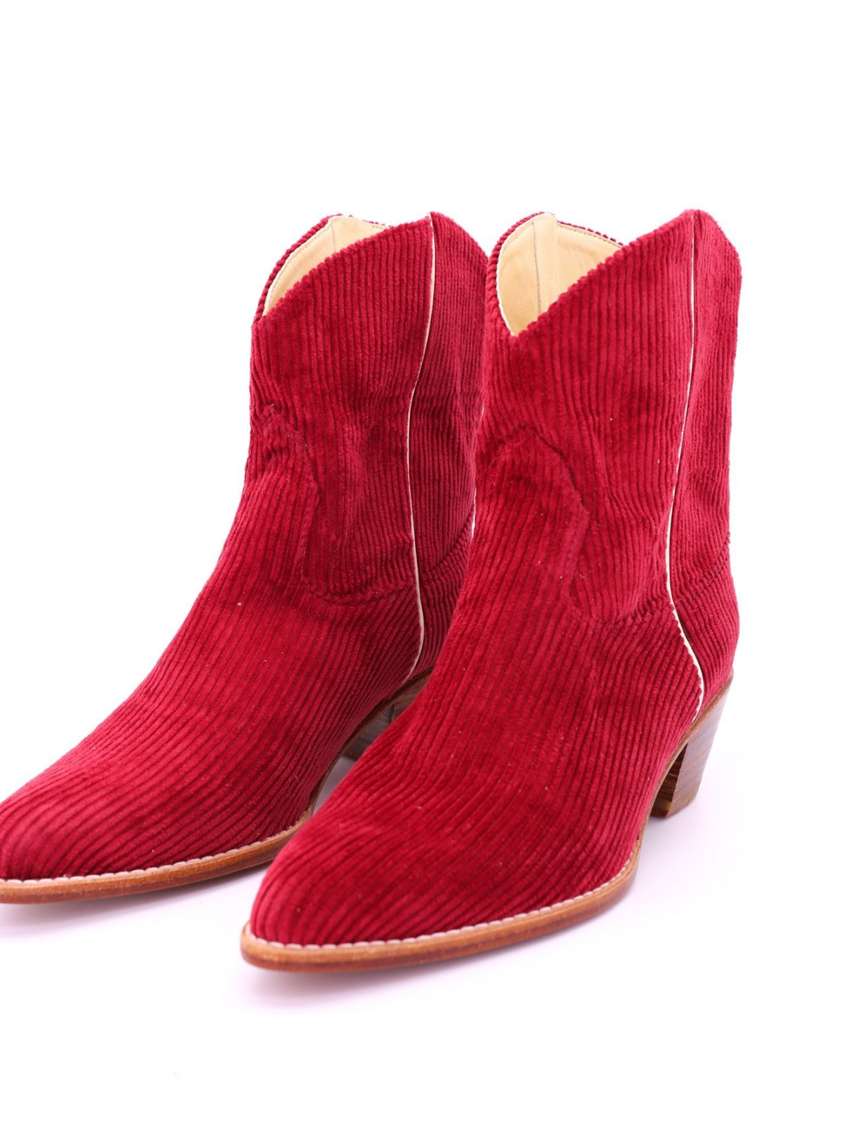 Red Striped Velveteen Almond-Toe Back-Zip Mid Calf Cowgirl Boots