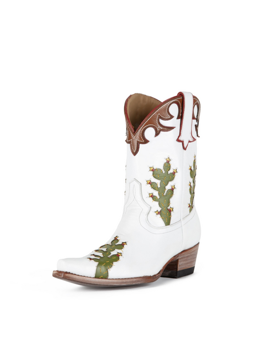 White Snip-Toe Wide Mid Calf Cowgirl Boots With Cactus Inlay And Applique