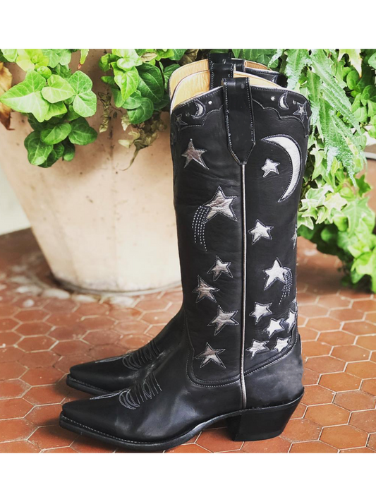 Metallic Moon Star Inlay Applique Mid Calf Cowgirl Tall Boots - Black / Silver