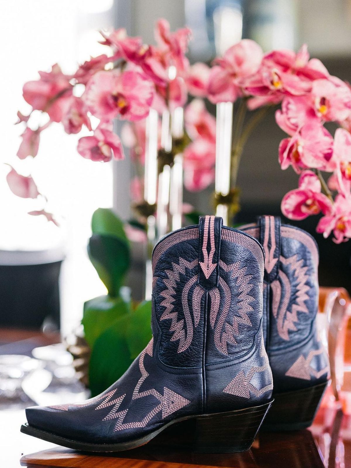 Metallic Embroidery Snip-Toe Wide Mid Calf Cowgirl Boots - Navy Blue