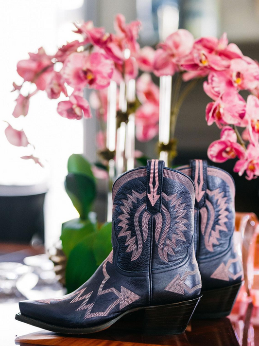 Metallic Embroidery Snip-Toe Wide Mid Calf Cowgirl Boots - Navy Blue