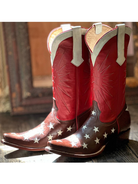 Contrast Tri-Color Star Inlay Embroidery Snip-Toe Wide Mid Calf Tall Cowgirl Boots