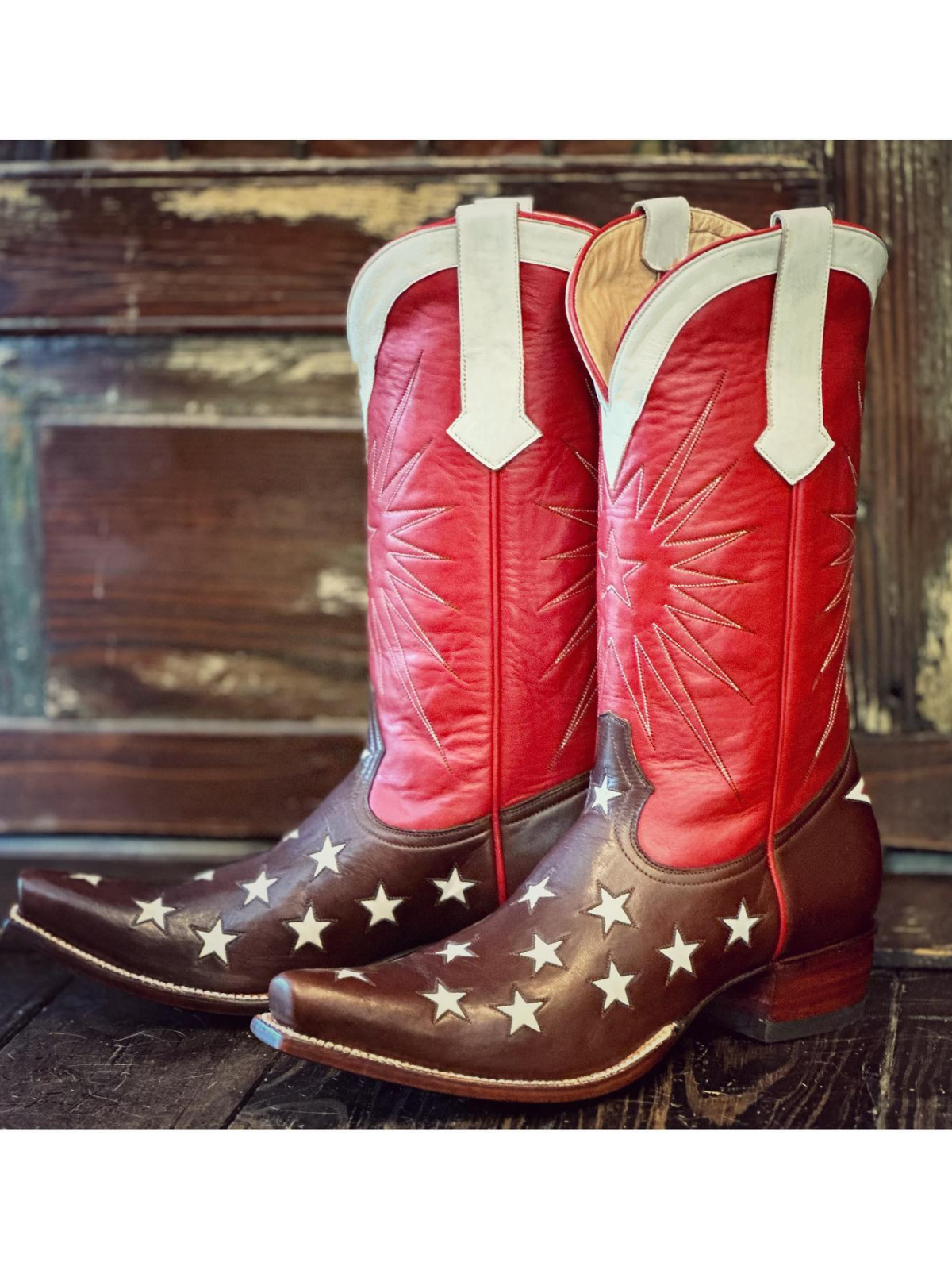 Contrast Tri-Color Star Inlay Embroidery Snip-Toe Wide Mid Calf Tall Cowgirl Boots