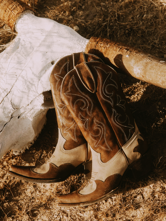 Contrast Brown And Tan Snip-Toe Embroidery Applique Wide Mid Calf Tall Cowgirl Boots