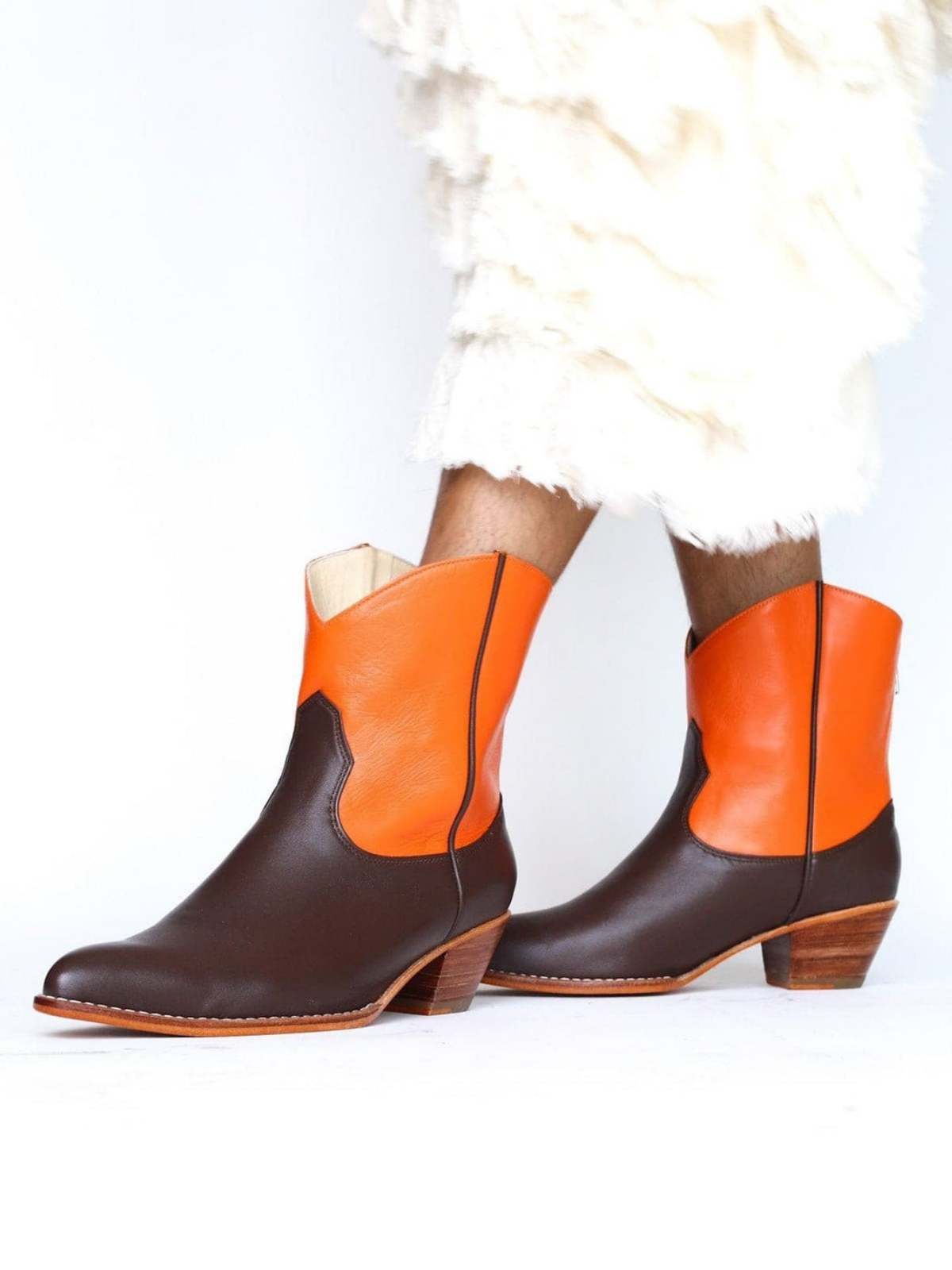 Contrast Chocolate And Orange Almond-Toe Back-Zip Mid Calf Cowgirl Boots