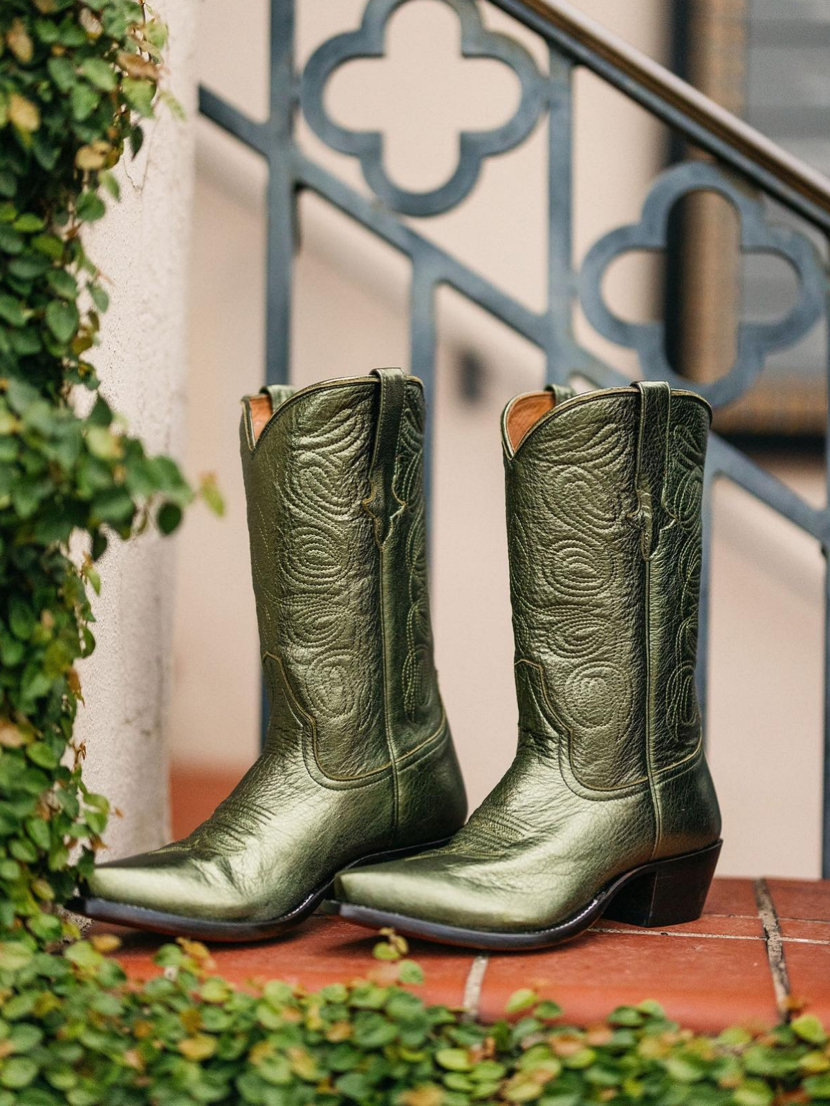 Olive Green Metallic Embroidery Cowgirl Boots Wide Calf Western Boots