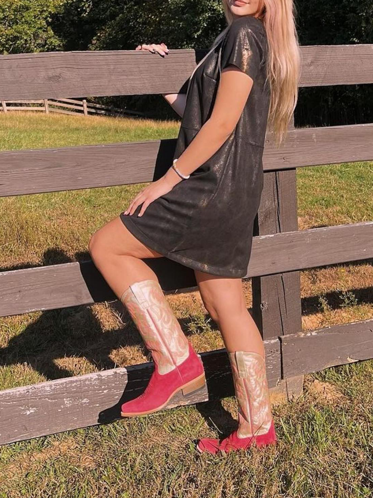 Contrast Pink Faux Suede And Metallic Gold Embroidery Snip-Toe Wide Mid Calf Cowgirl Tall Boots