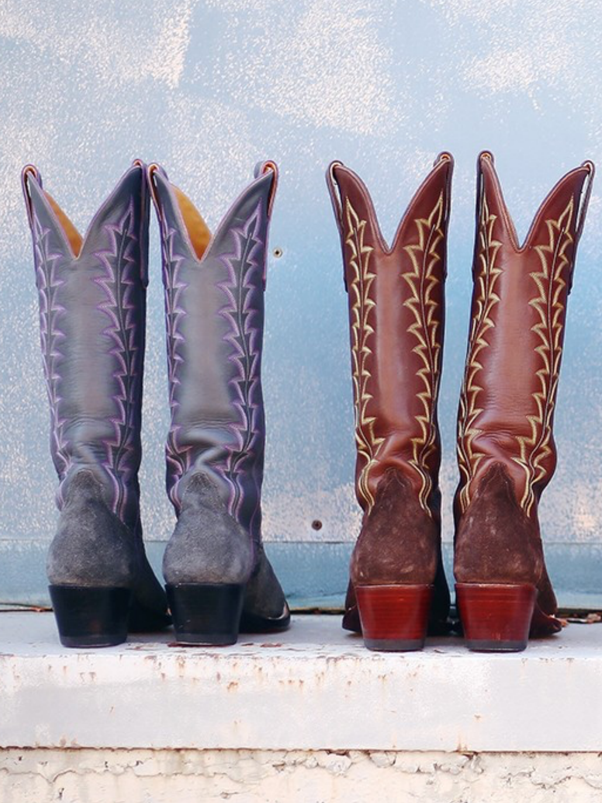 Contrast Purple And Gray Faux Suede Embroidery Almond-Toe Wide Mid Calf Tall Cowgirl Boots