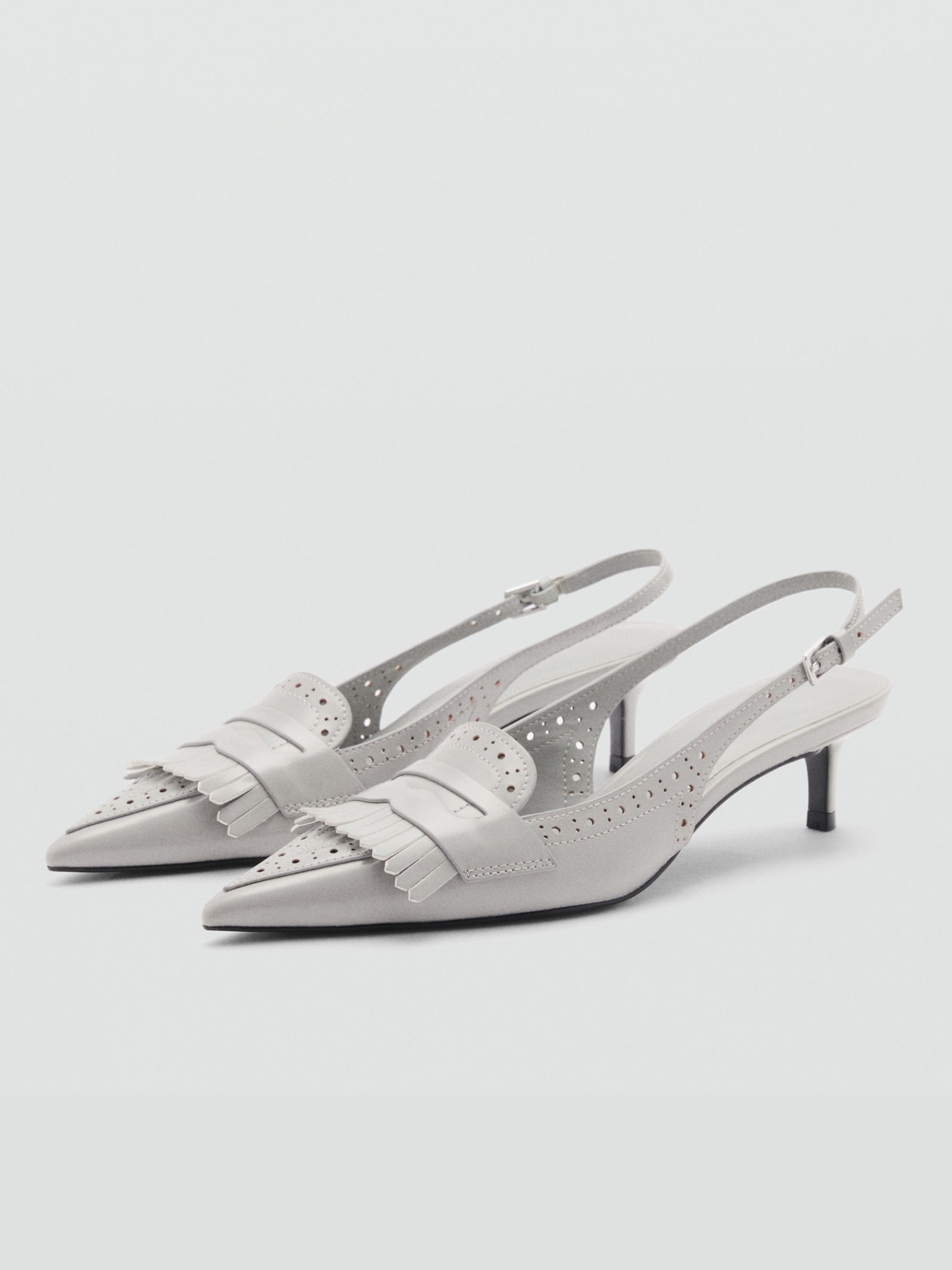 Gray Pointed-Toe Fringe Detail Cutout Slingback Kitten Heels