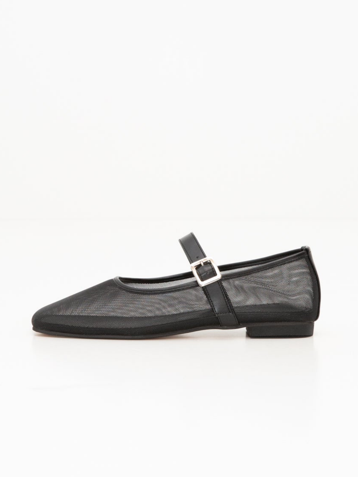 Black Square-Toe Mesh Flats Mary Janes With Buckled Strap