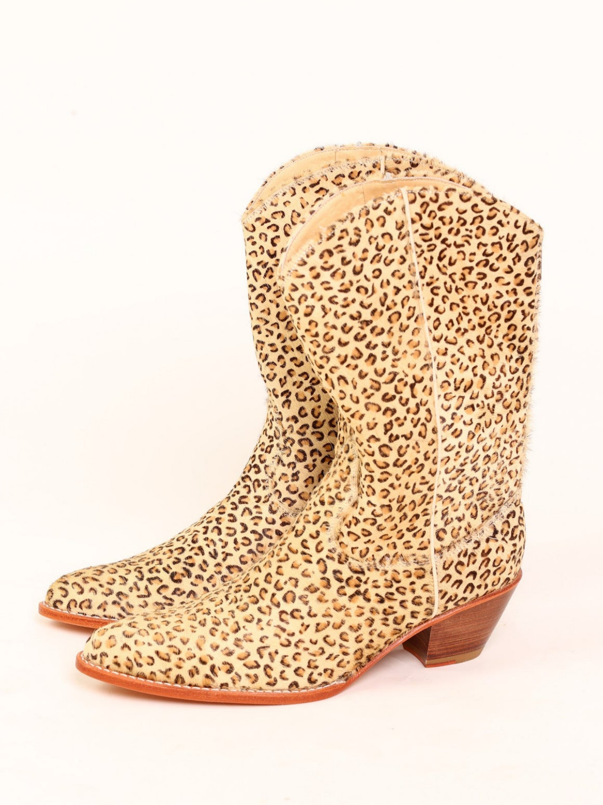 Faux Light Leopard Print Pony Hair Almond-Toe Back-Zip Mid Calf Cowgirl Boots