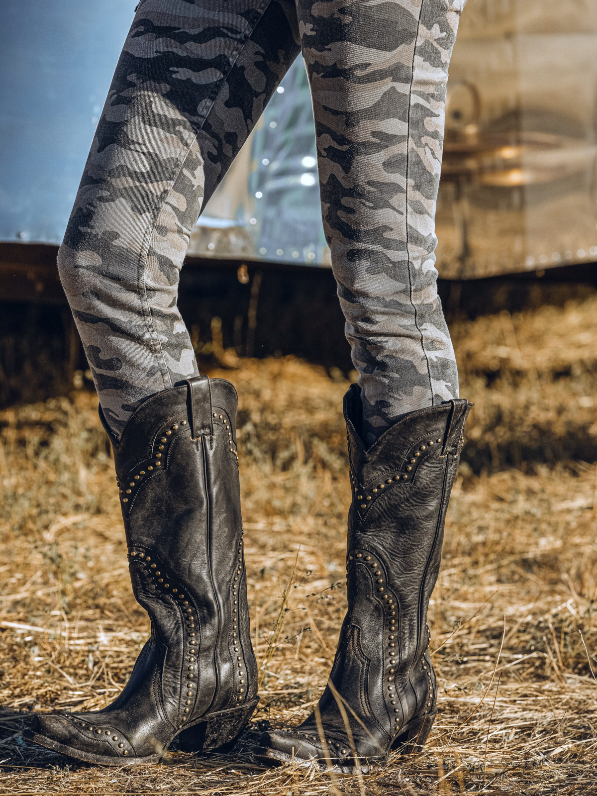 Black Distressed Stitch Studded Snip-Toe Wide Mid Calf Cowgirl Tall Boots