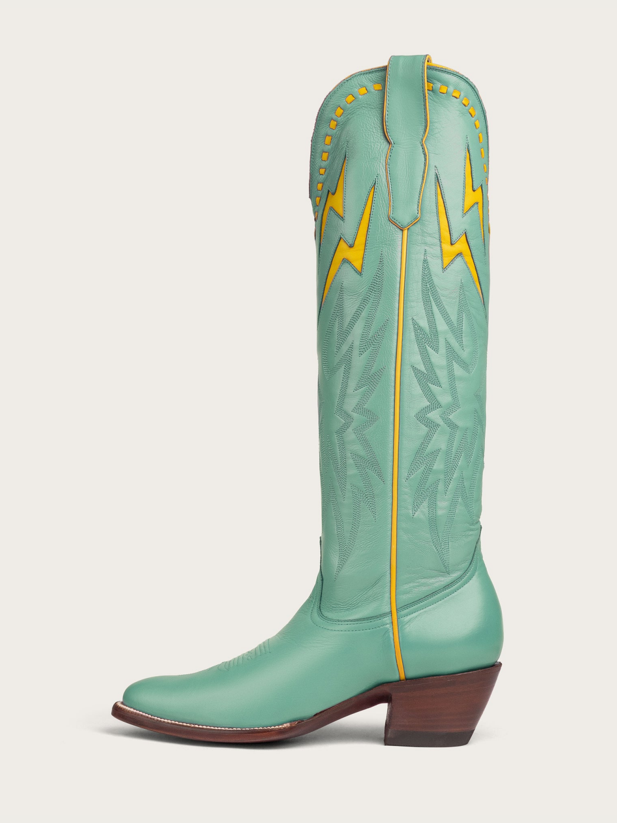 Yellow Lightning Inlay Stitch Embroidery Almond-Toe Wide Mid Calf Tall Cowgirl Boots - Green