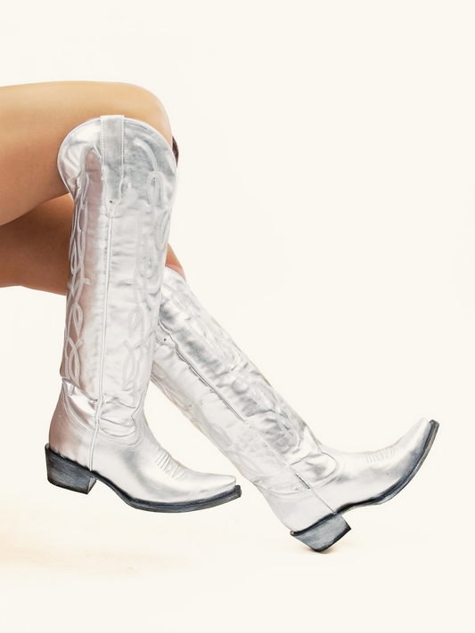 Metallic Silver Embroidery Snip-Toe Wide Calf Western Boots Knee High Tall Boots