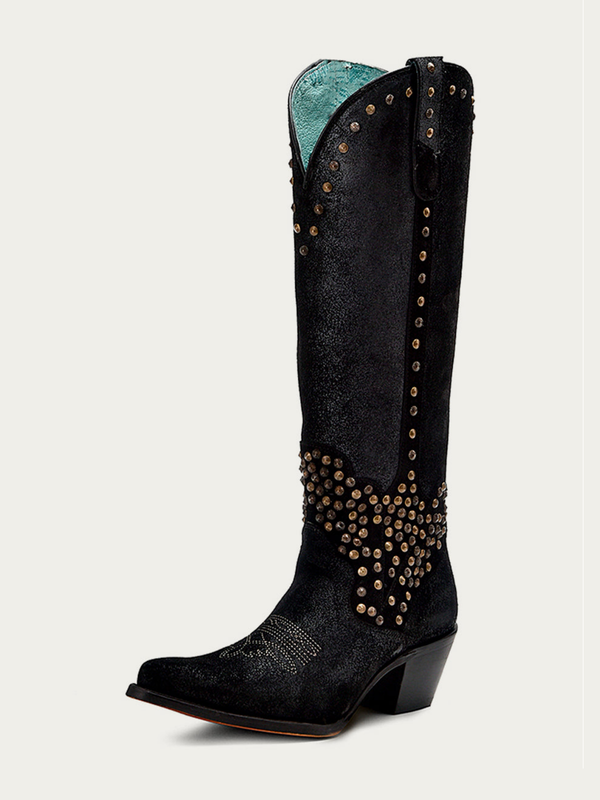 Black Pointed-Toe Studded Embroidery Wide Calf Tall Knee High Cowgirl Boots