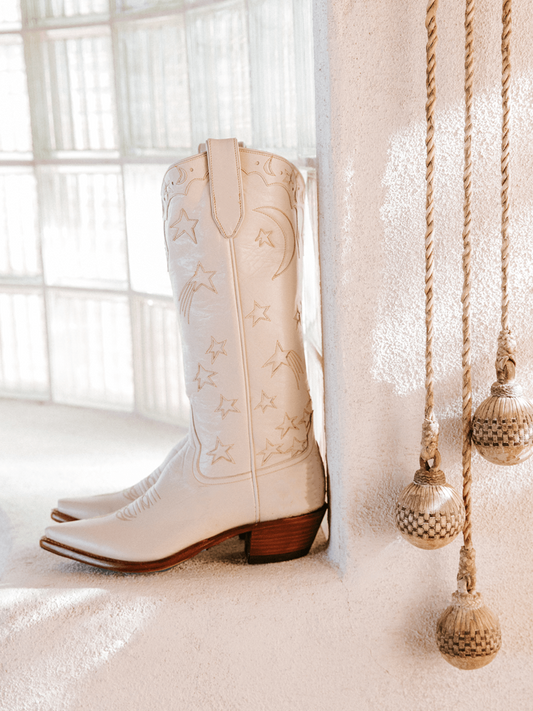 Moon Star Inlay Applique Mid Calf Cowgirl Tall Boots - Cream