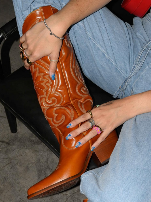 Fancy Embroidery Snip-Toe Wide Mid Calf Cowgirl Boots - Camel