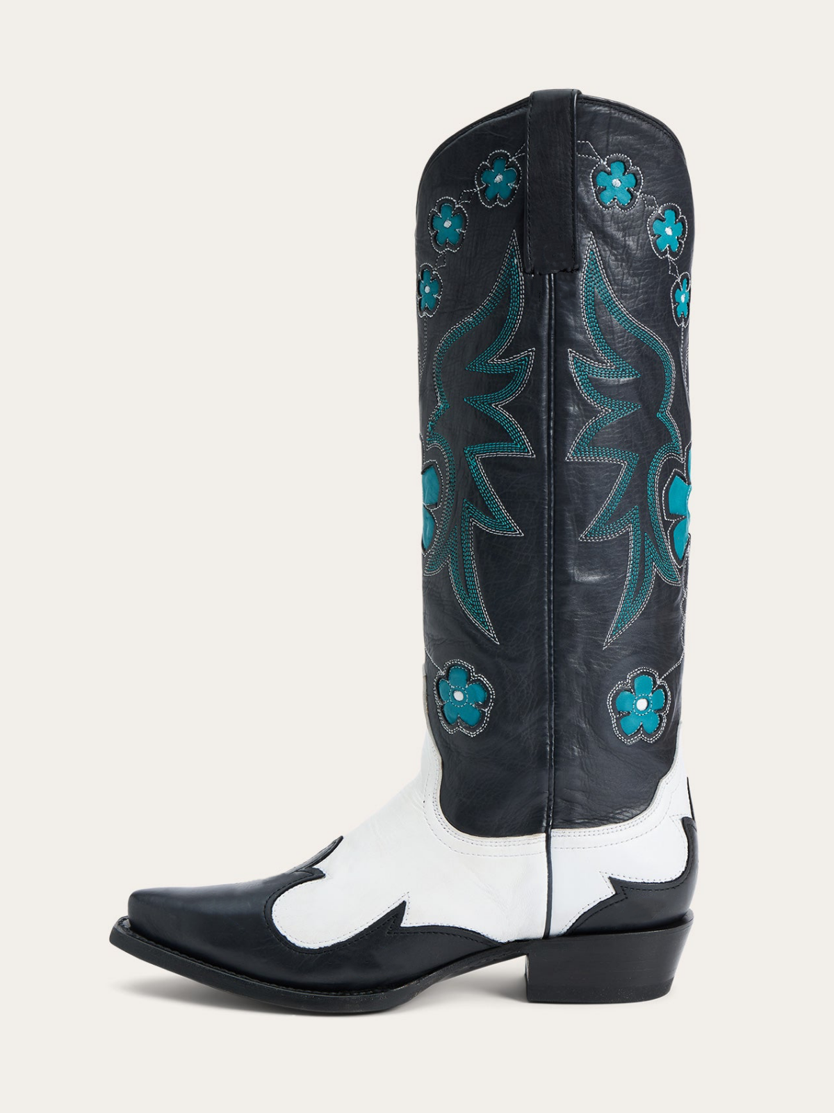 Contrast Black And White Snip-Toe Embroidery Flower Inlay Wide Mid Calf Cowgirl Boots