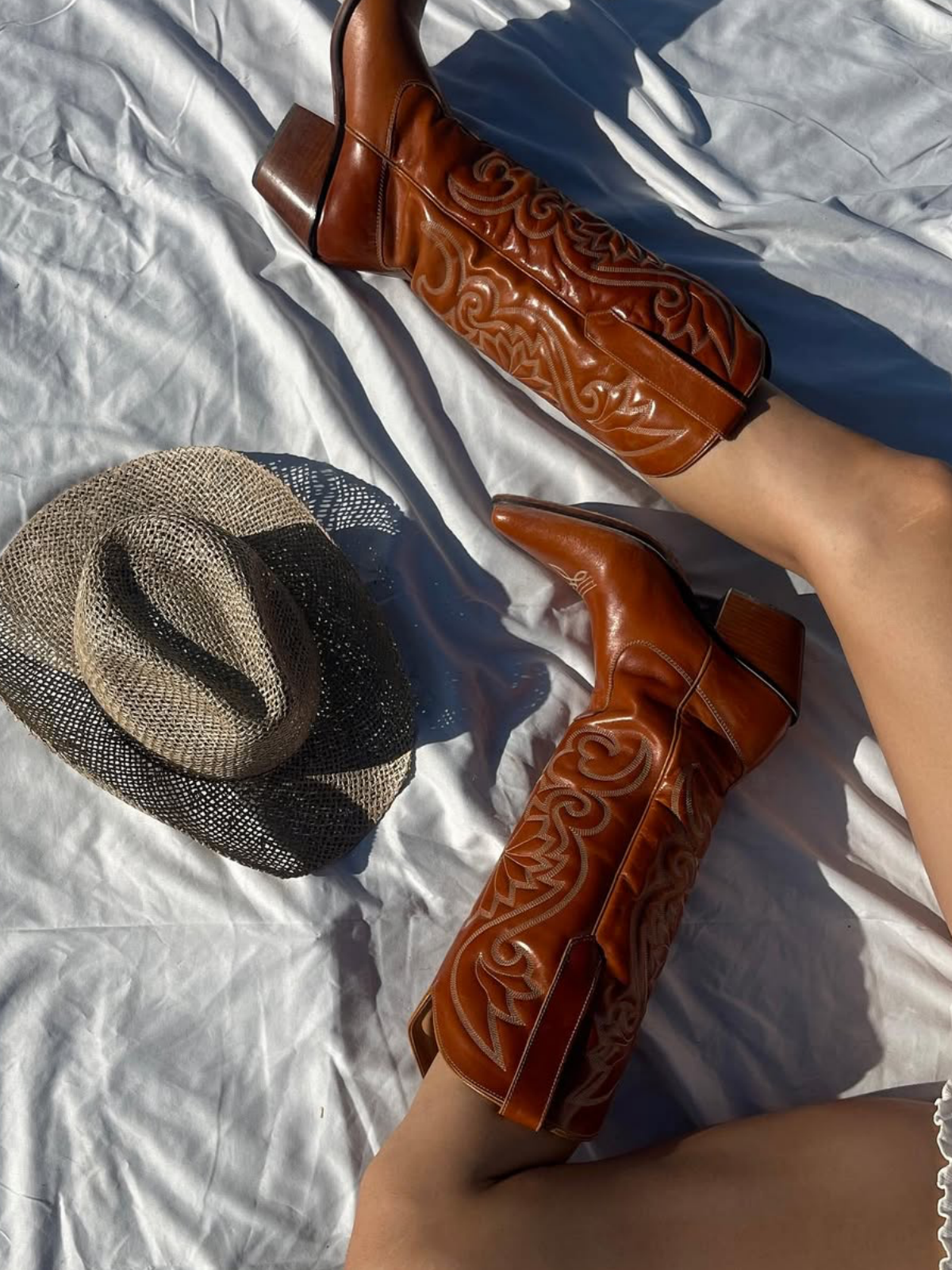 Fancy Embroidery Snip-Toe Wide Mid Calf Cowgirl Boots - Camel