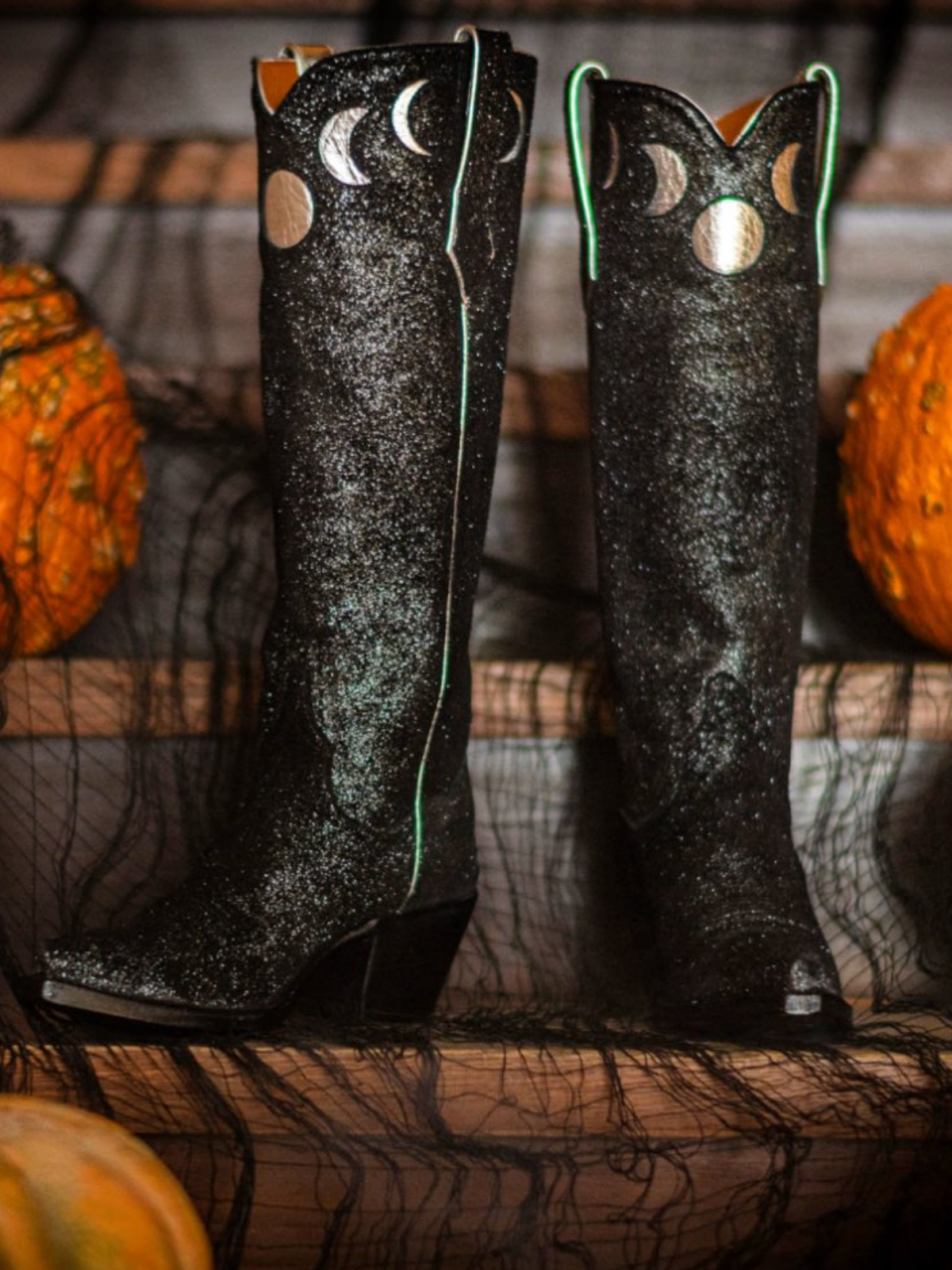 Black Glitter Snip-Toe Moon Inlay Wide Mid Calf Tall Cowgirl Boots