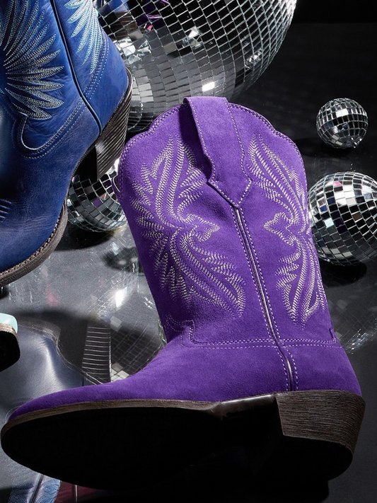 Violet Faux Suede Embroidery Almond-Toe Wide Mid Calf Cowgirl Boots