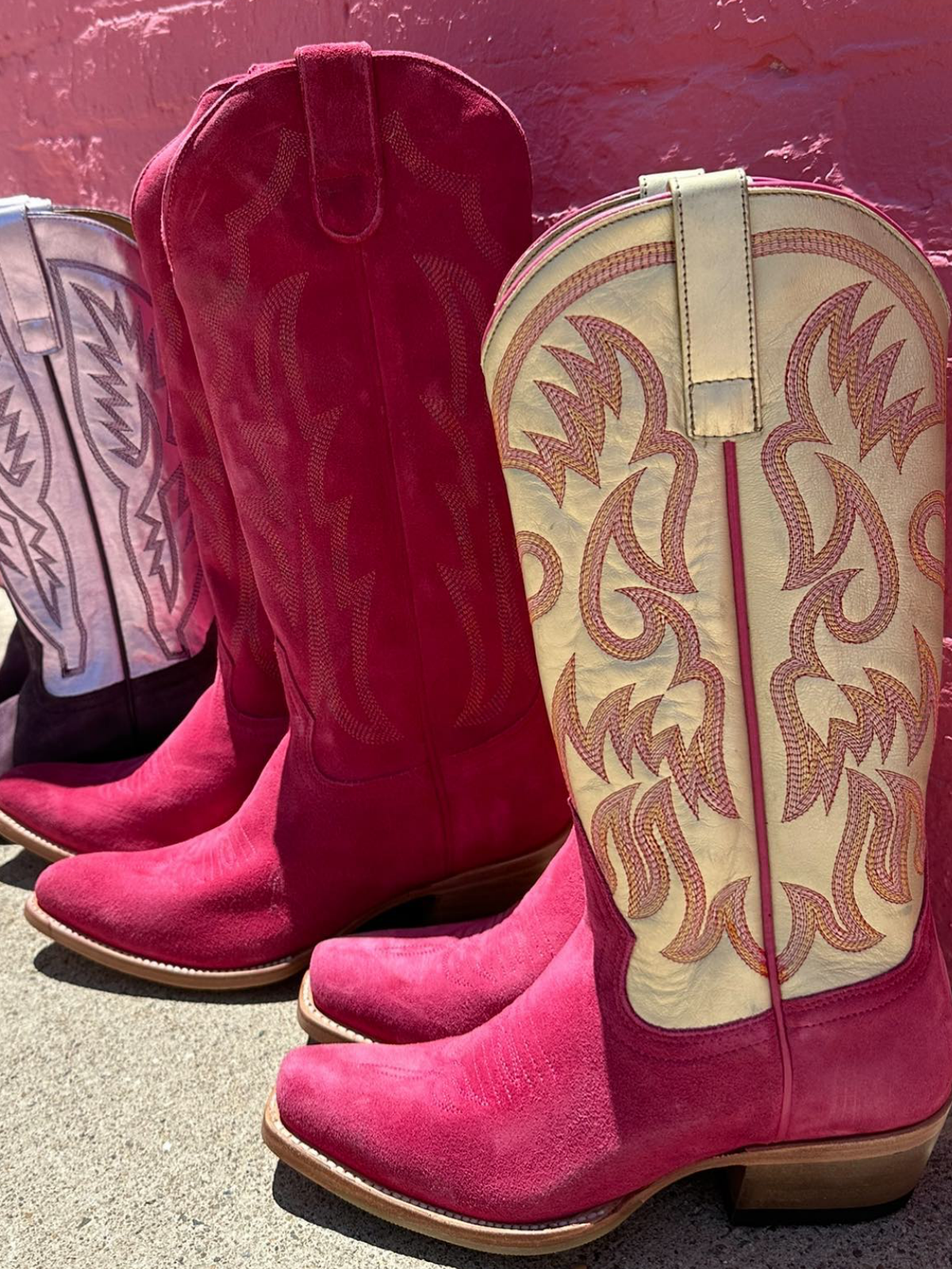 Contrast Pink Faux Suede And Metallic Gold Embroidery Snip-Toe Wide Mid Calf Cowgirl Tall Boots