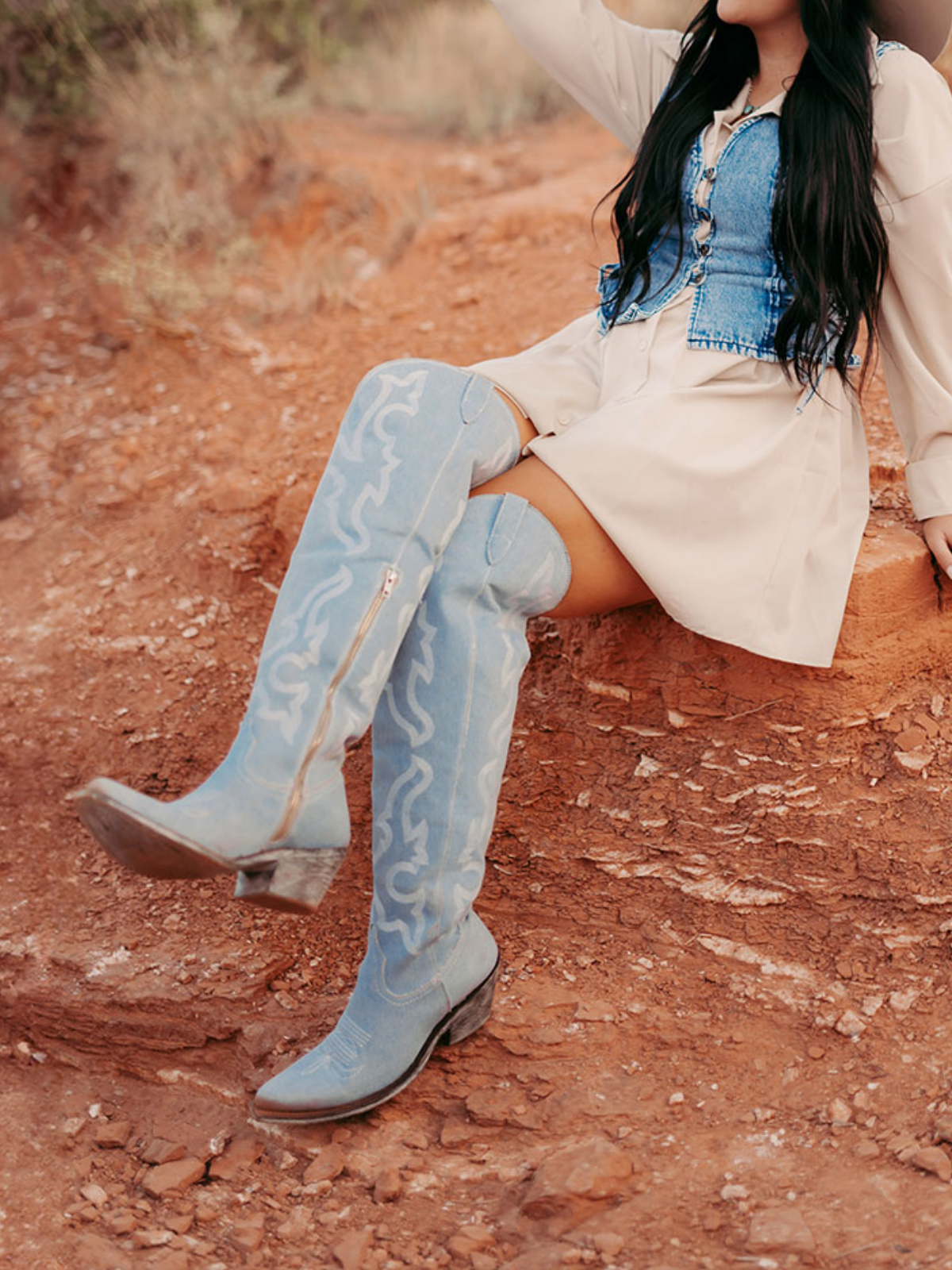 Denim Blue Embroidery Pointed-Toe Half-Zip Over-The-Knee Cowgirl Boots