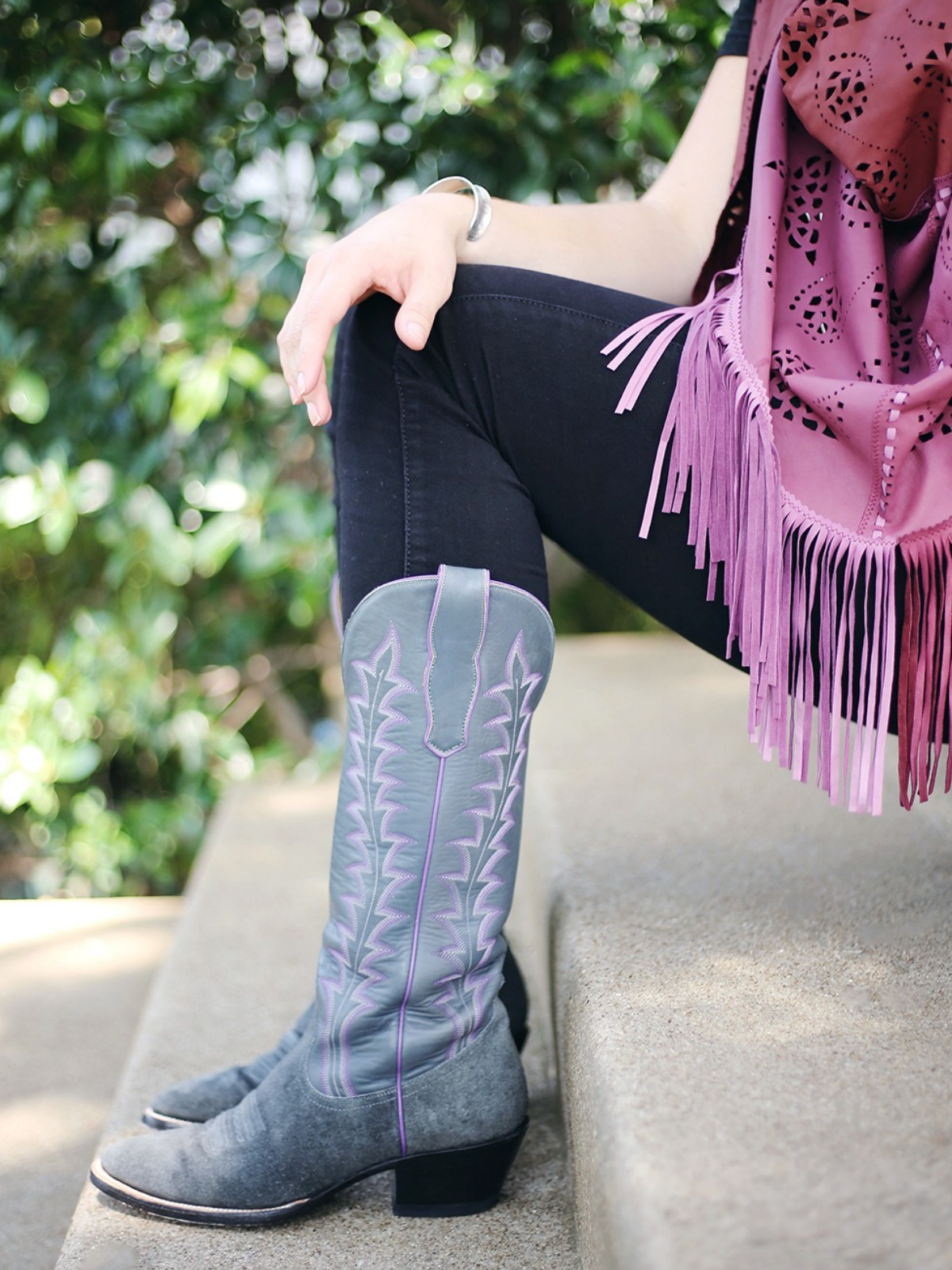 Contrast Purple And Gray Faux Suede Embroidery Almond-Toe Wide Mid Calf Tall Cowgirl Boots