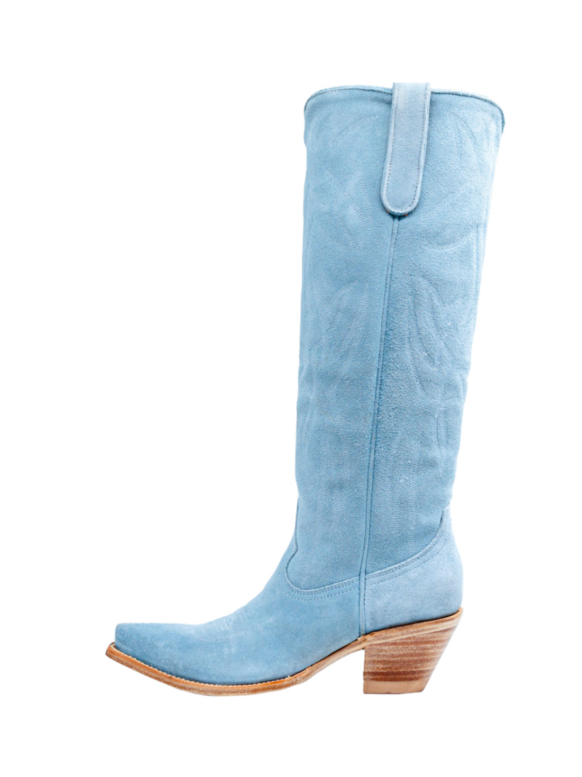 Blue Embroidery Faux Suede Snip-Toe Wide Calf Cowgirl Boots Knee High Tall Boots