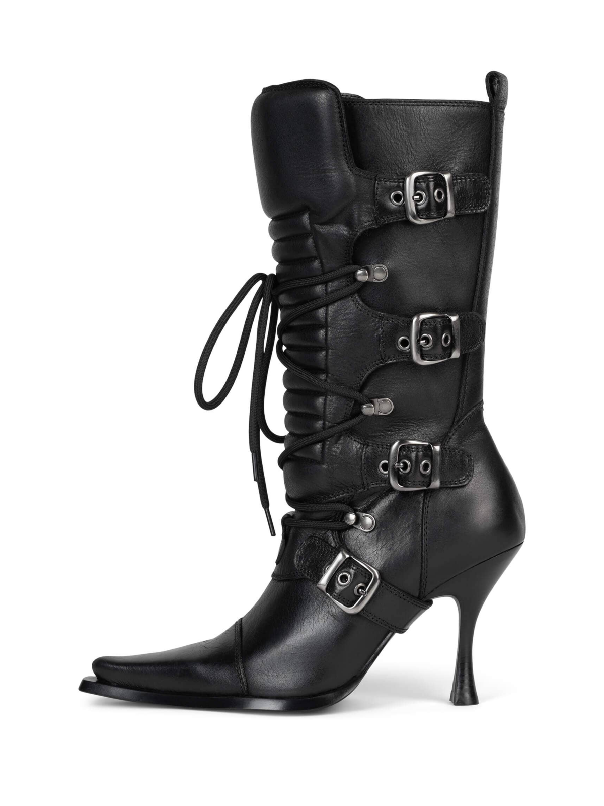 Black Pointed-Toe Full-Zip Lace-Up Mid Calf Moto-Inspired Stiletto Boots With Buckles