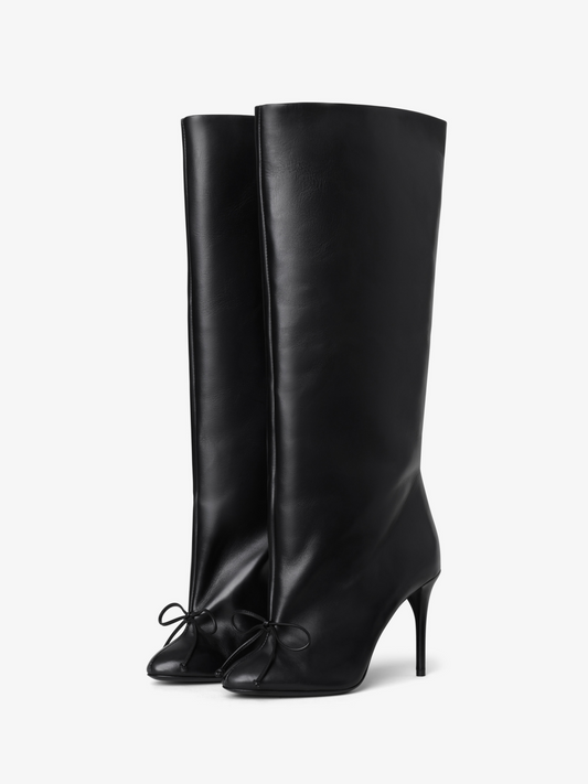 Black Round-Toe Wide Mid Calf Stiletto Boots With A Knot