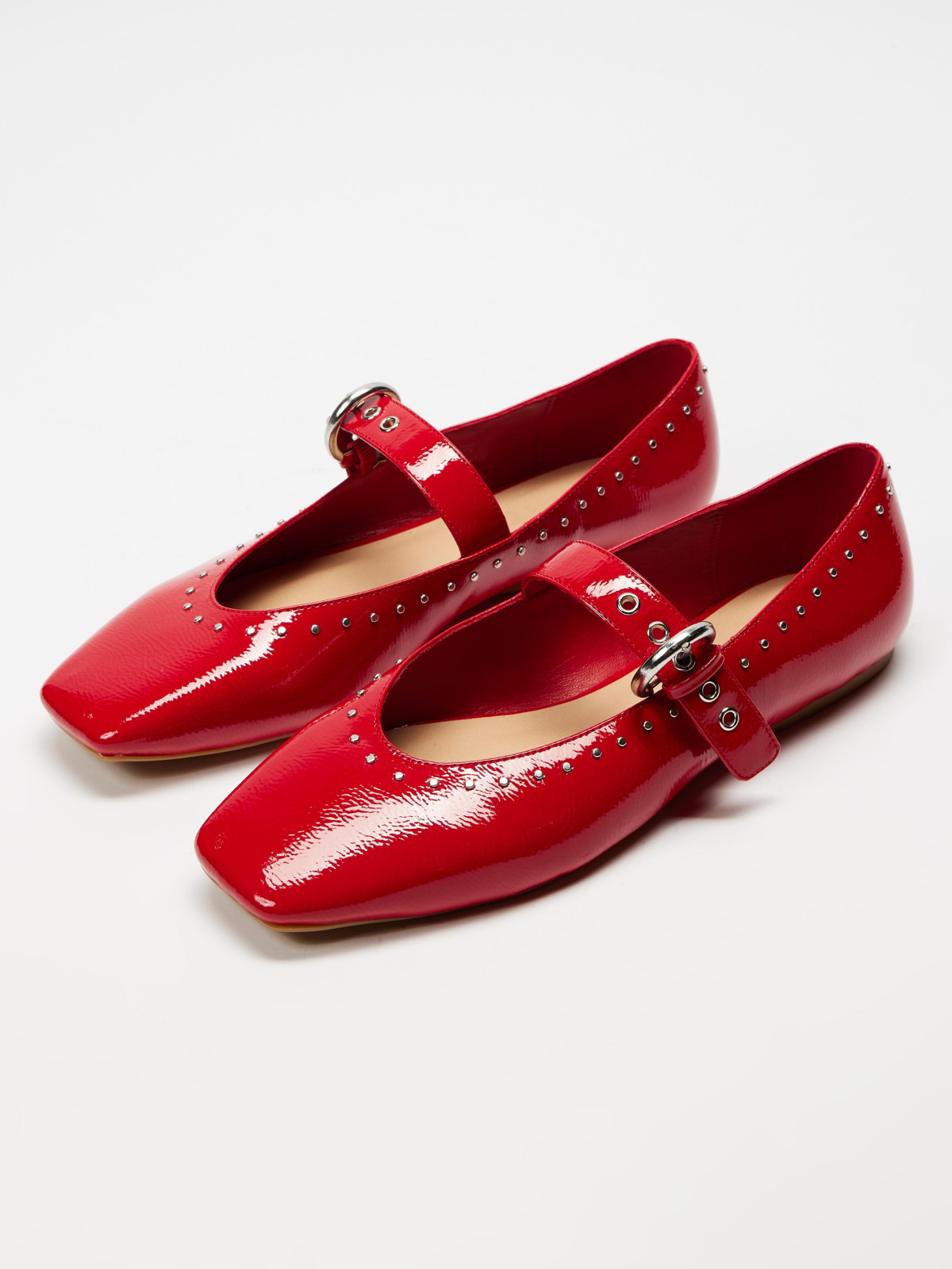 Red Patent Studded Square-Toe Mary Jane Ballet Flats With Grommet Eyelet Buckled Strap