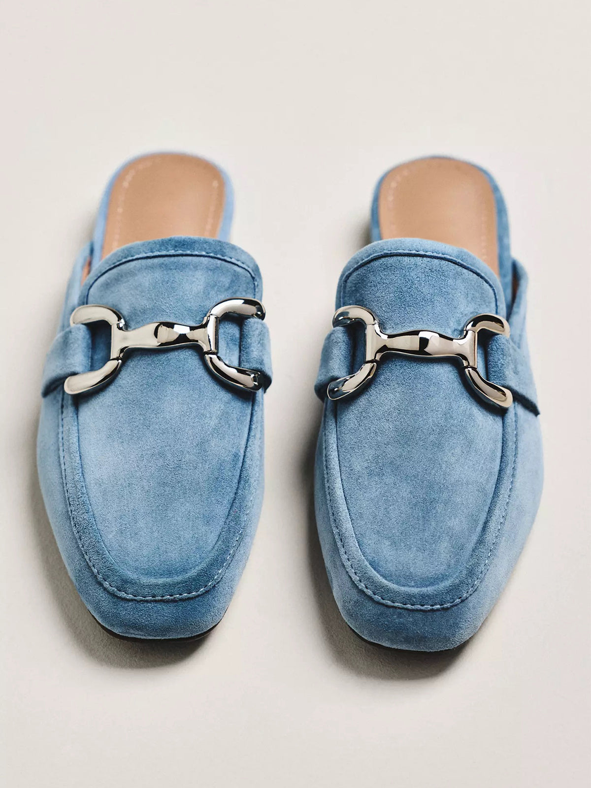 Blue Faux Suede Square-Toe Slip-On Front Metal Detail Flats Loafers