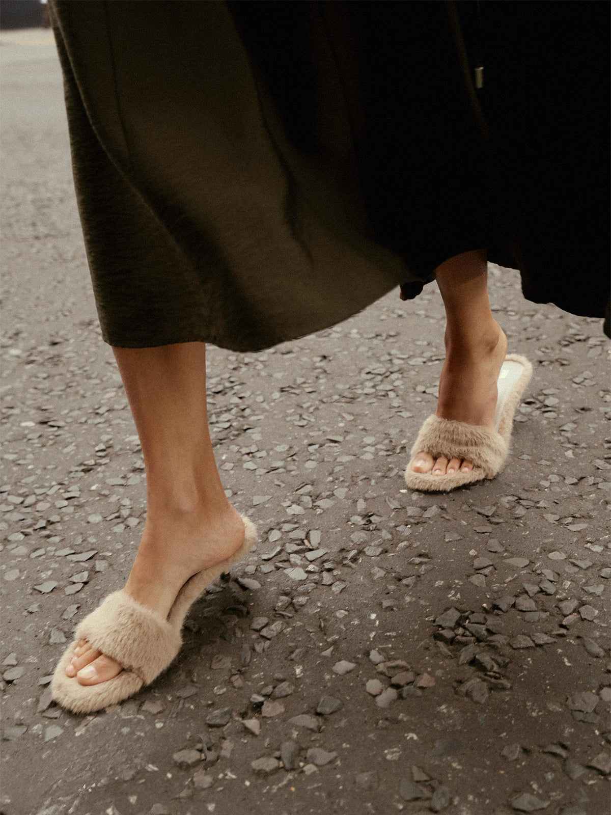 Gray Plush Round-Toe Front Strap Kitten Heels