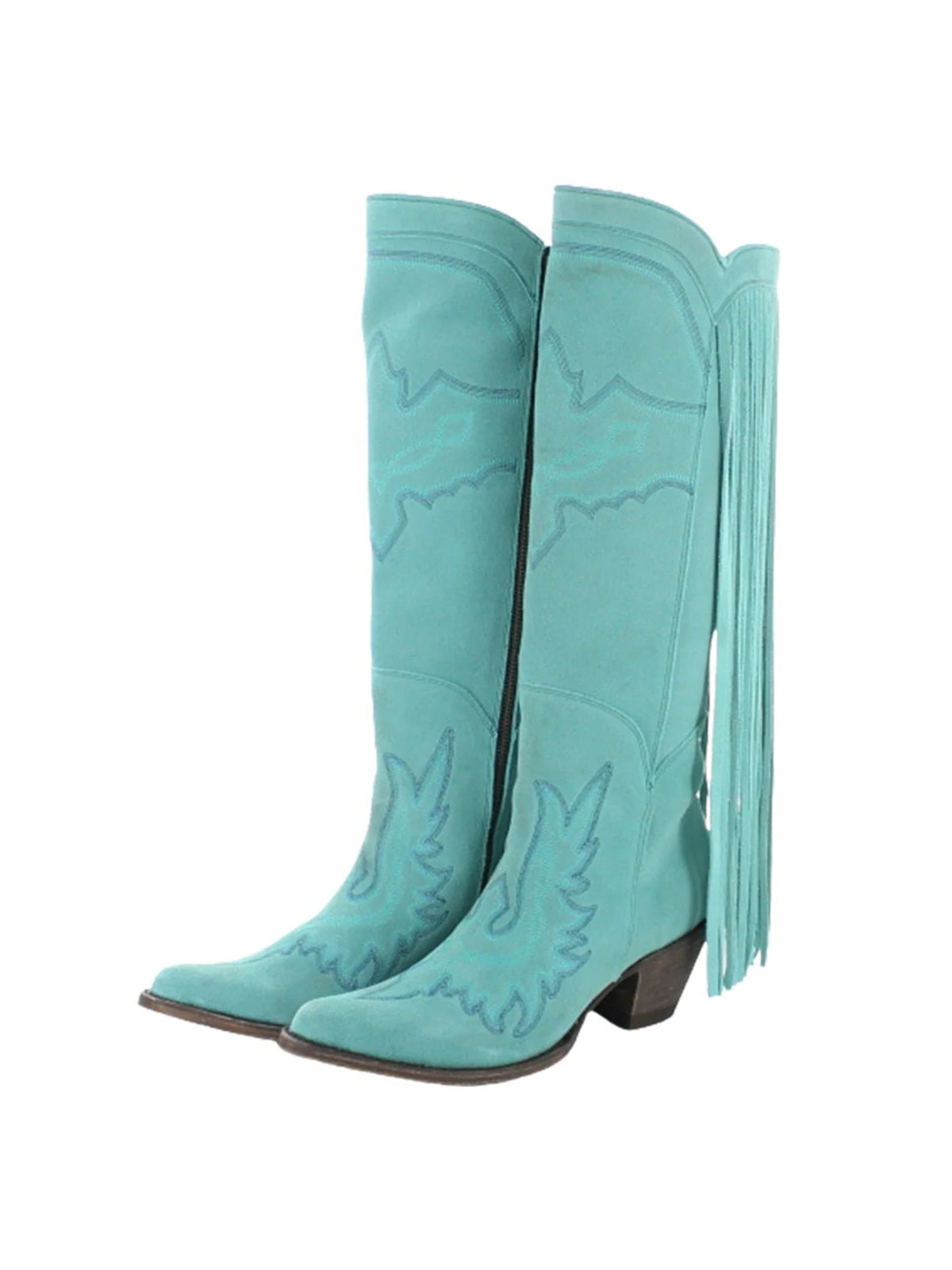 Almond-Toe Faux Suede Fringe Full-Zip Embroidery Knee High Cowgirl Boots - Turquoise