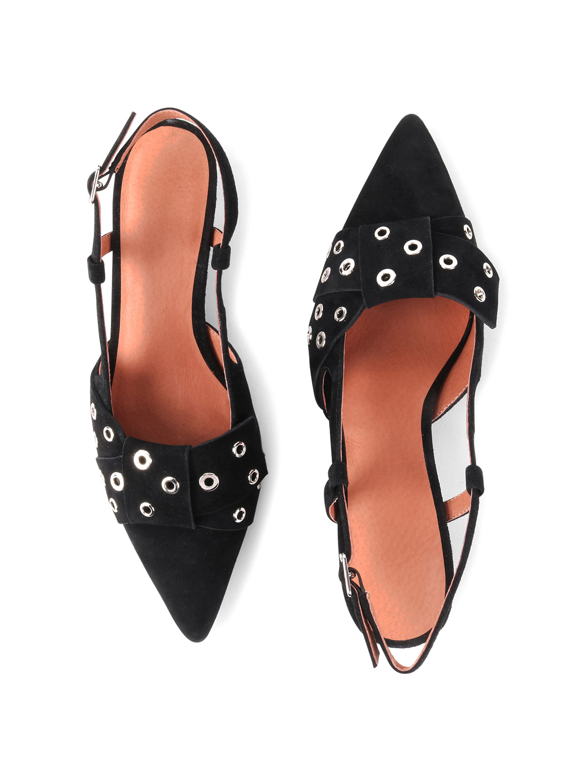 Black Faux Suede Pointed-Toe Front Eyelets Back Strap Kitten Heels