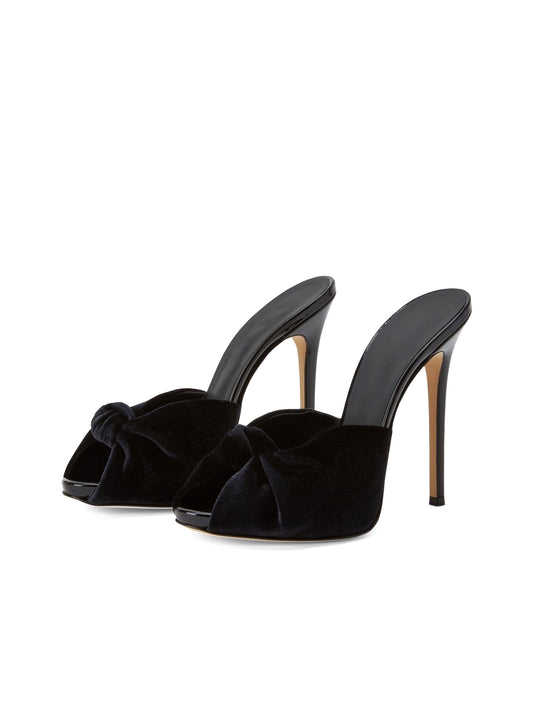 Black Velvet Peep Round-Toe Backless Slip-On High Heels