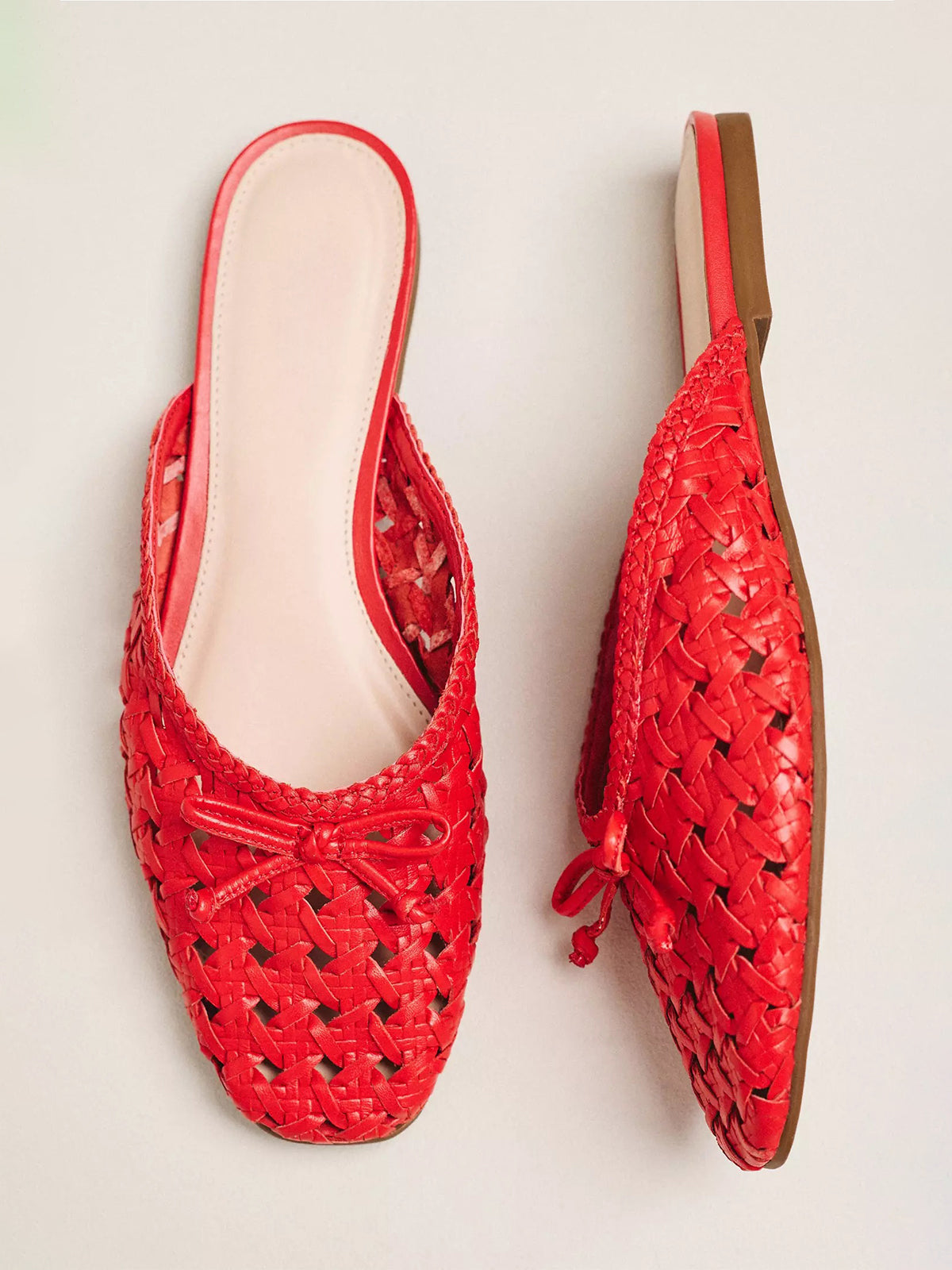 Red Woven Vegan Leather Square-Toe Front Bow Mules Flats