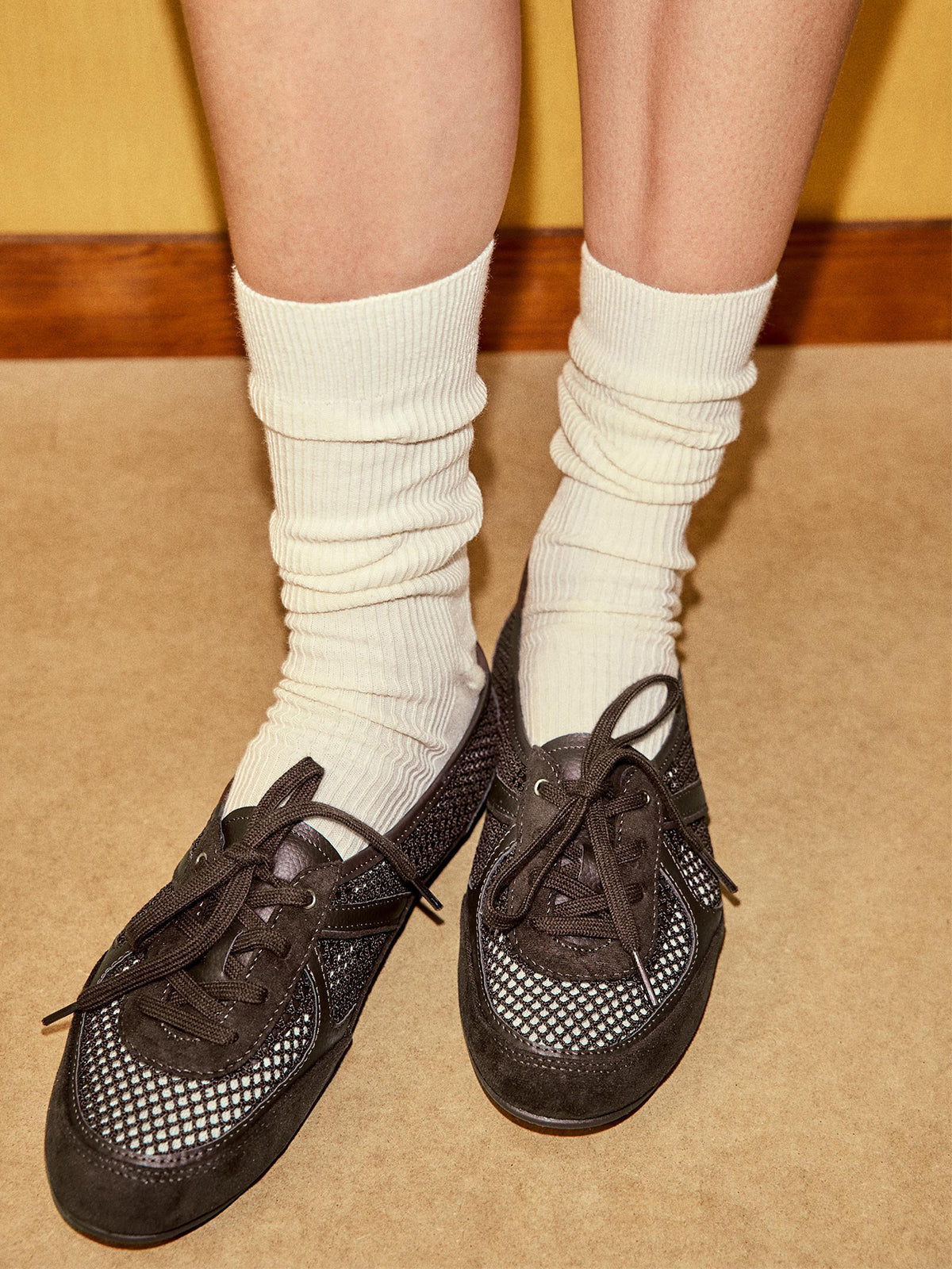 Coffee Faux Suede And Mesh Round-Toe Lace-Up Flats Sneakers