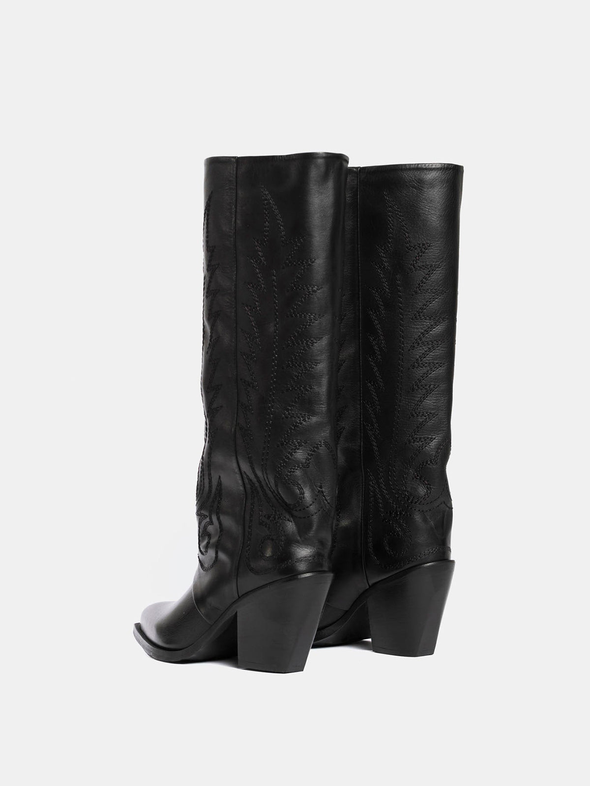 Black Snip-Toe Vegan Leather Classic Embroidery Mid Calf Cowgirl Boots