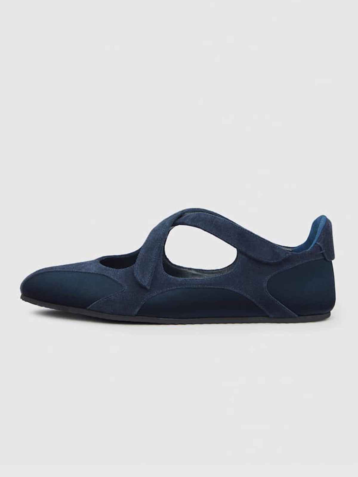 Dark Blue Satin And Cow Suede Round-Toe Middle Crossed Straps Sneakers