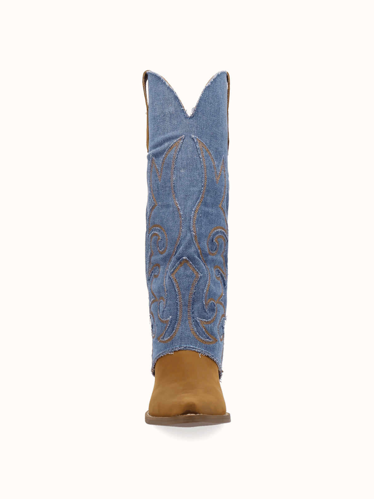 Blue Denim And Brown Snip-Toe Embroidery Fold-Over Wide Calf Knee High Cowgirl Boots