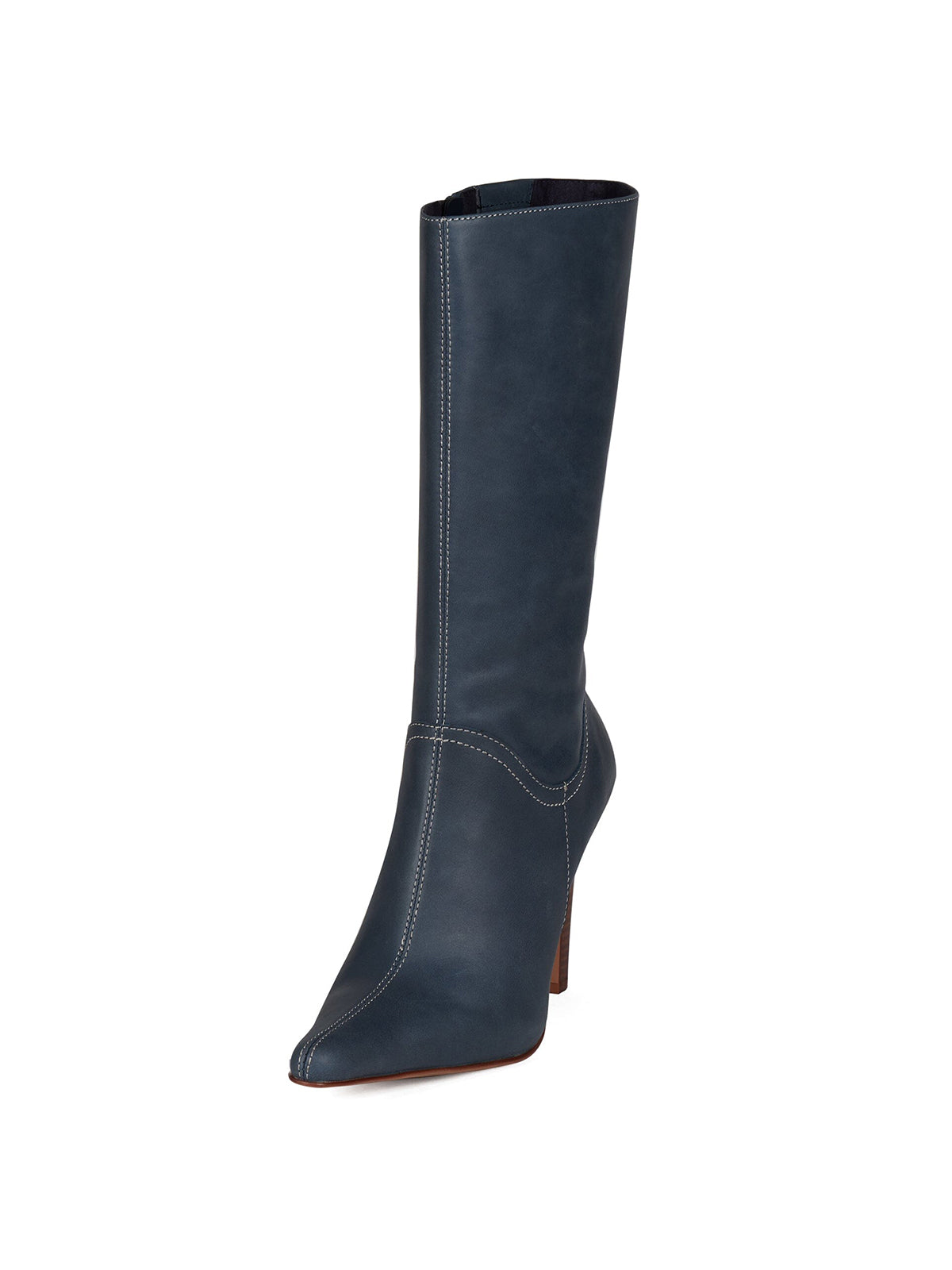 Dark Blue Pointed-Toe Simple Full-Zip Stiletto Boots